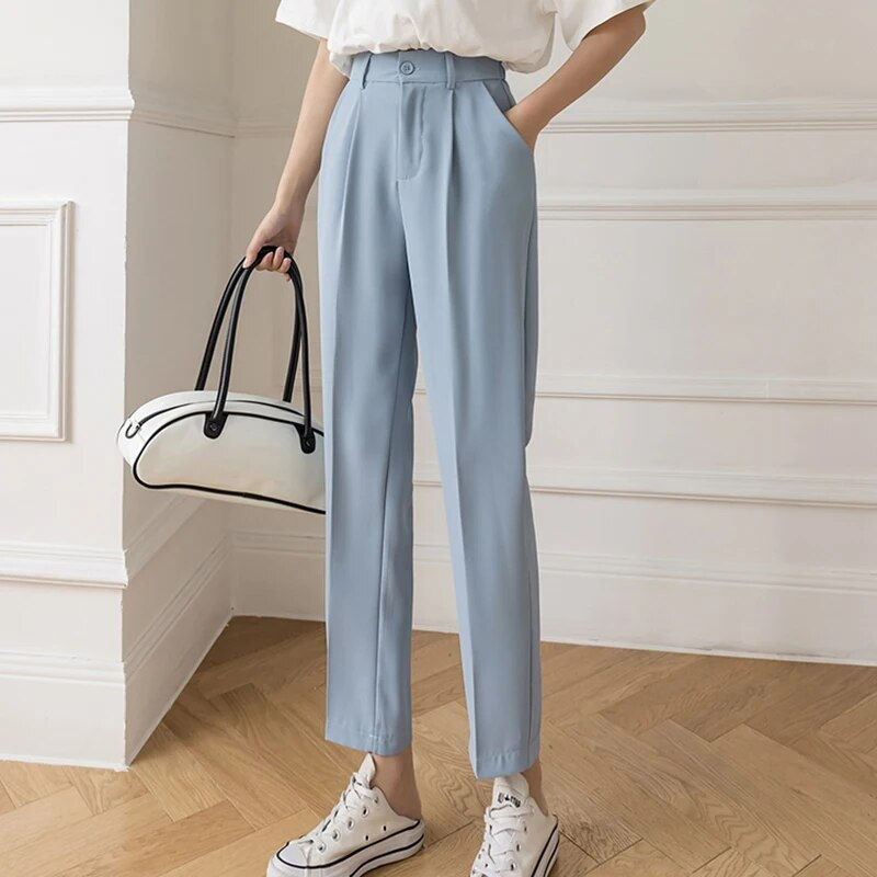 Thumbnail: Fall Spring Black Suit Haren Pants Women Fashion Elastic High Waist Casual Trou