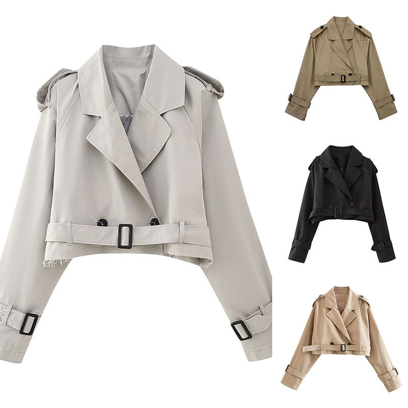 Thumbnail: Belt Cropped Trench Jacket Women Autumn Fashion Vintage Streetwear Double Breas