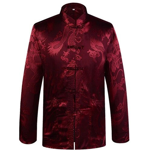 ภาพขนาดย่อ: Brand Designer Chinese Traditional Men's Satin Mandarin Collar Dragon Silk Tang