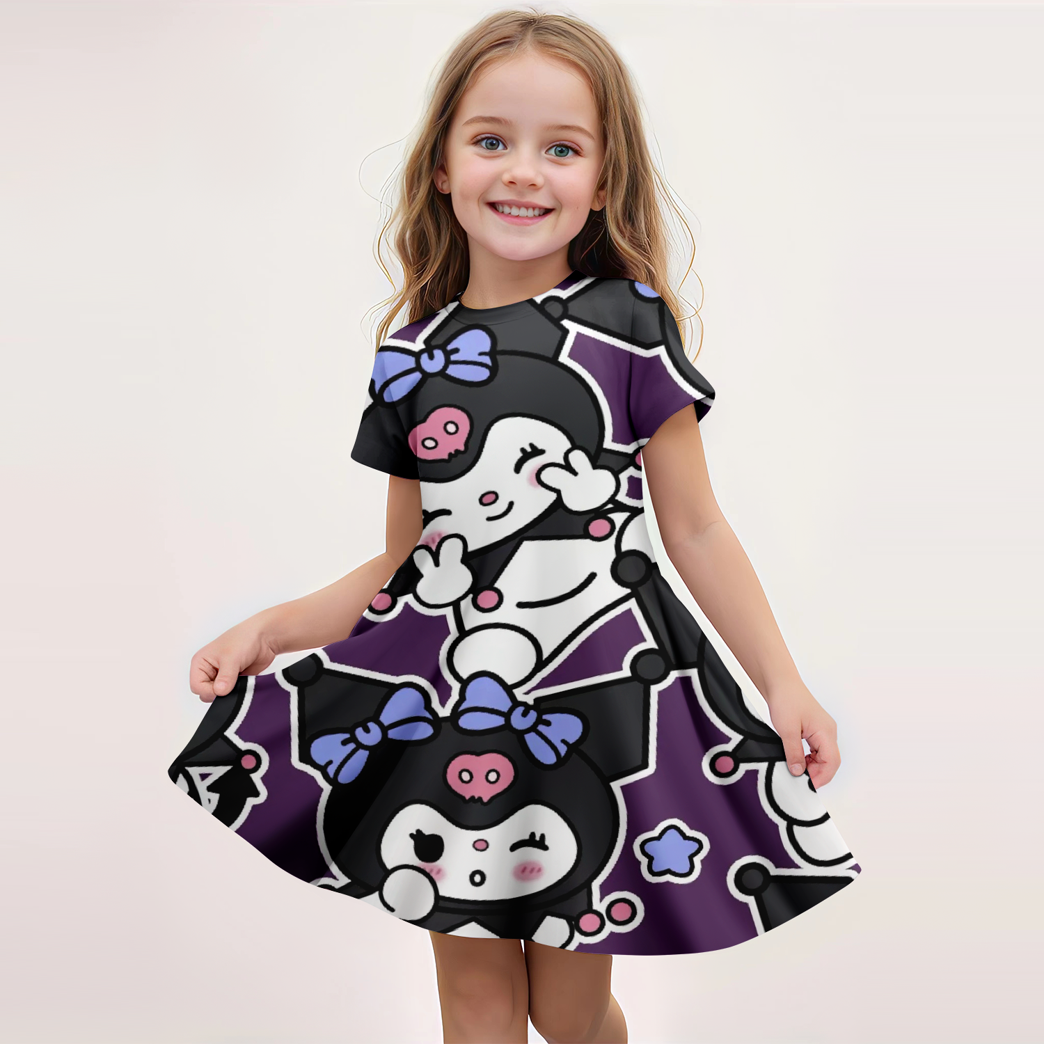 MINISO New Girls Summer Dress Fashion Cartoon Cute Kuromi & My Melody 3D Print