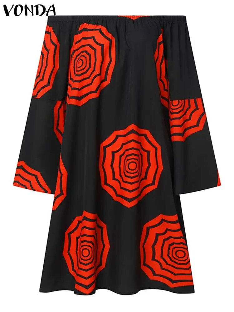 Thumbnail: Plus Size VONDA Women Summer Off Shoulder Dress Bohemian Floral Printed Mini Ve