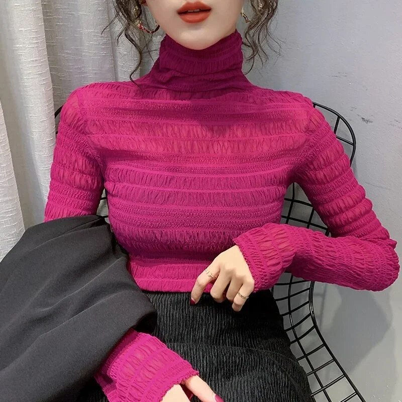 Thumbnail: New Transparent Women Lace Blouse 5 Colors Female Bottoming Blouses S-2XL Size