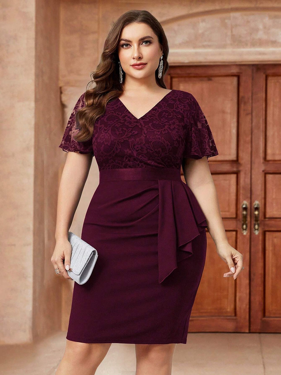 Hình thu nhỏ: Plus Floral Lace Flounce Sleeve Ruffle Trim Wrap Hem Bodycon Dress