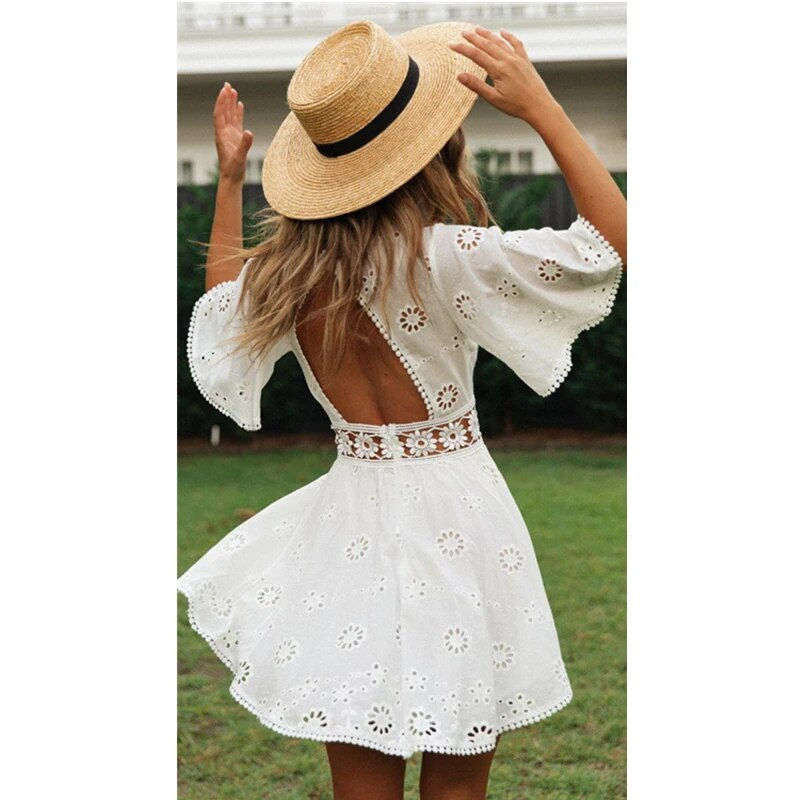 Minijatura: Elegant Women's White Dresses 2023 Summer Cotton Embroidery Hollow Open Back Fe