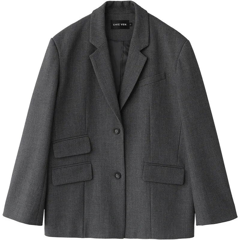 الصورة المصغرة: CHICVEN  Women Office Lady Blazer Cuff Embroidery Wide Shoulder Twill Suit Wome