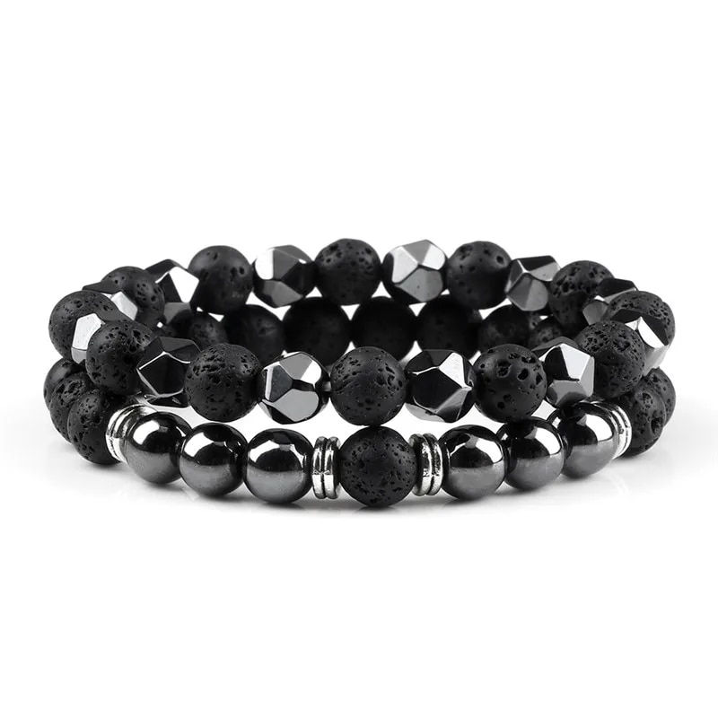 Miniature : 2pcs Irregular Hematite Lava Stone Bracelet Men Fashion 8mm Natural Tiger Eye B