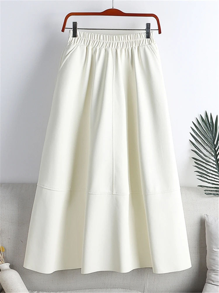 Pikkukuva: Seoulish Autumn Winter Faux PU-leather Midi Skirts Patchwork High Waist Elegant