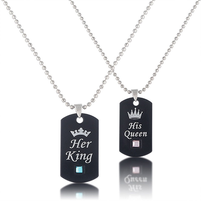 Thumbnail: A Pairs His Queen Her King Couple Necklace Black Heart Crown Heart Matching Nec