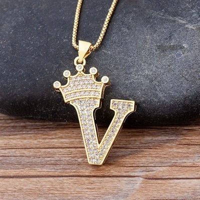 Thumbnail: Nidin New Luxury Copper Zircon A-Z Crown Alphabet Pendant Chain Necklace Hip-Ho
