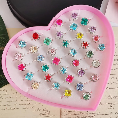 12/36PCS/set Adjustable Kids Crystal Rings Jewelry Heart Star Square Open Finge