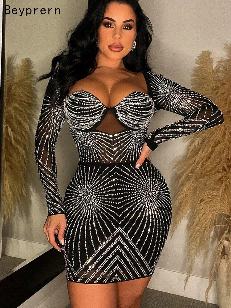 Beyprern Luxury Geometric Black Rhinestone Short Party Dresses Robe Femme Women