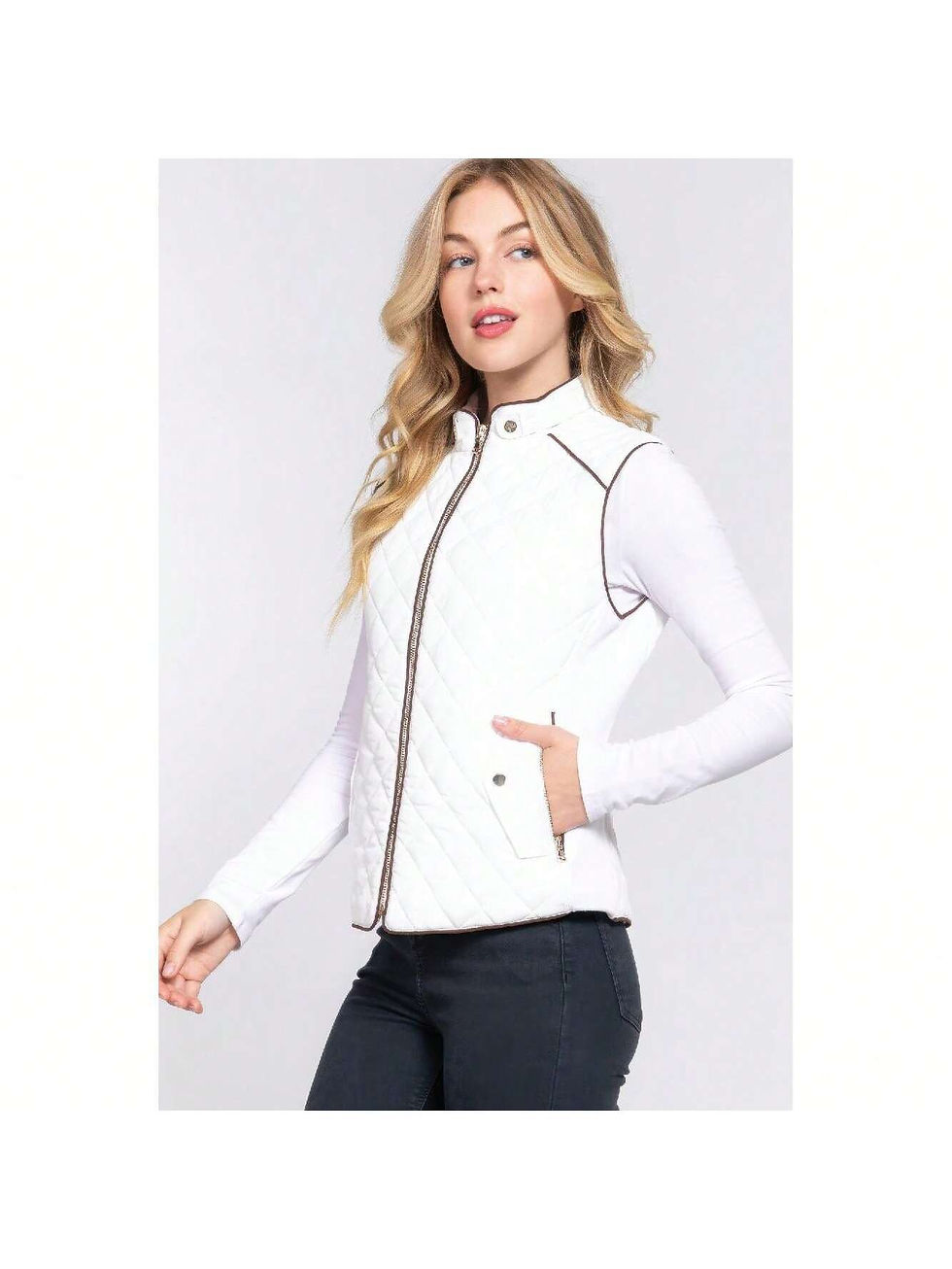 Thumbnail: Suede Piping Quilted Padding Vest