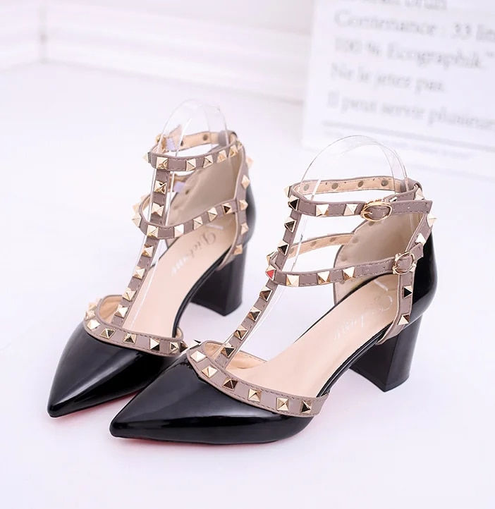 Thumbnail: Rivet Pumps Women 2023 New pointed patent leather rivet buckle sandals thick wi