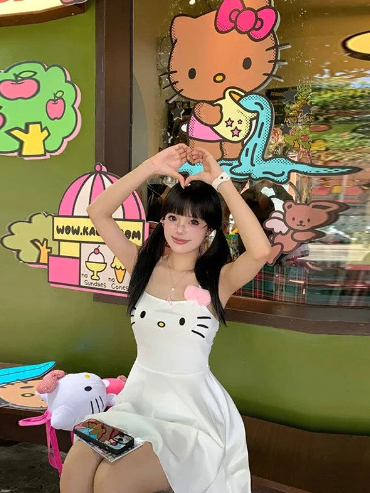 Thumbnail: HOUZHOU Kawaii White Dress Women Japanese Y2k Cat Face Embroidery Cute Spaghett
