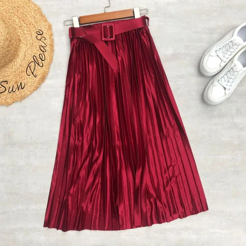 Miniatúra: Seoulish 2023 New Solid Elegant Stain Women's Pleated Skirts with Belted High W