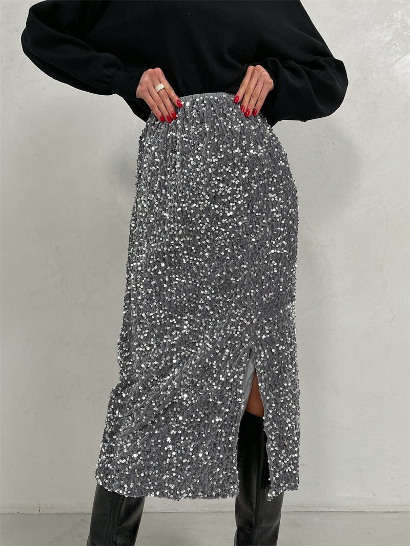Miniatura: Silver Black Sequin Skirt Women Elegant Vintage Punk Evening Dress Slit Cute Su