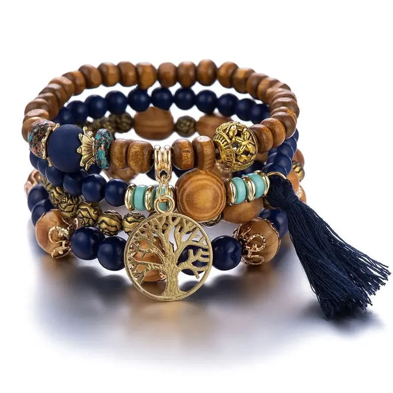 Миниатюра: 4Pcs Bohemia Tree of Life Charm Beaded Bracelet Set for Women Tassel Multi Laye