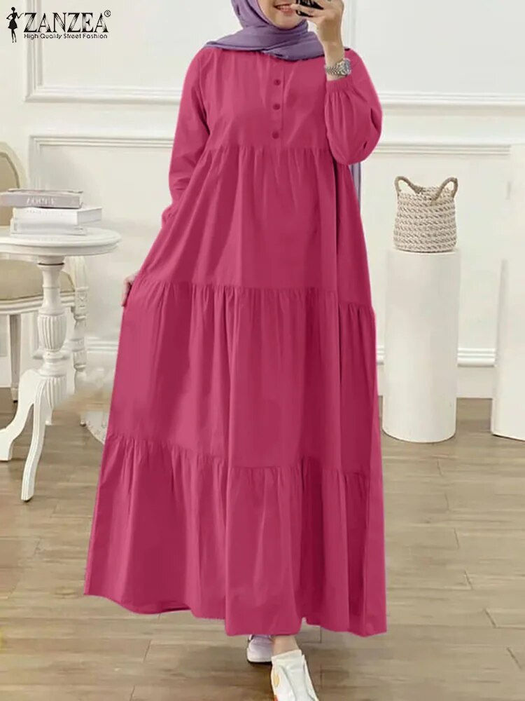 Thumbnail: ZANZEA Women Muslim Abaya Long Dress Fashion Long Sleeve Solid Ruffles Kaftan S