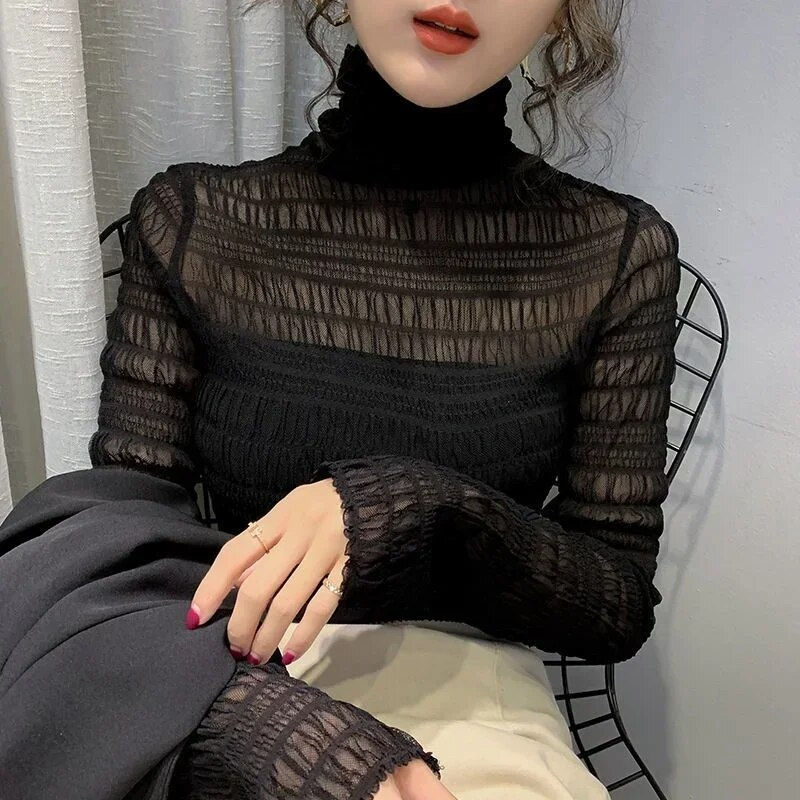 Thumbnail: New Transparent Women Lace Blouse 5 Colors Female Bottoming Blouses S-2XL Size