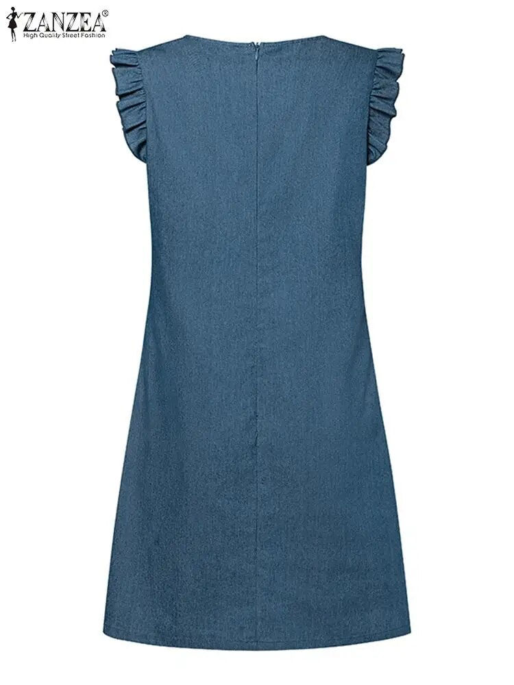 Thumbnail: ZANZEA Women Summer Denim Style Dress Fashion O Neck Sleeveless Mini Sundress C