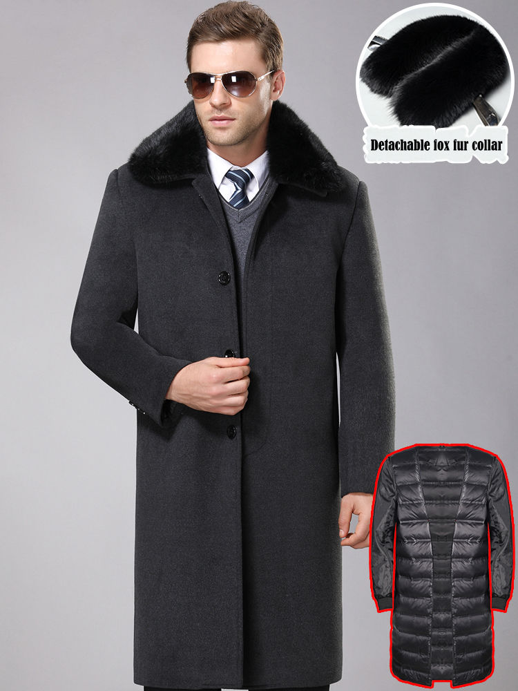 Miniatura: New Fashion Jackets Mens Thick Cashmere Trench Warm Detachable Fox Fur Collar W