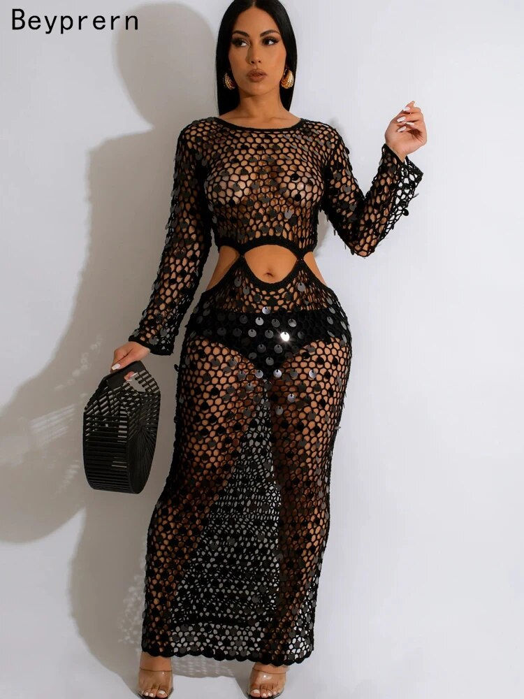 Thumbnail: Beyprern New Chic Mother Of Pearl Crochet Cover Up Dress For Women Summer Hollo