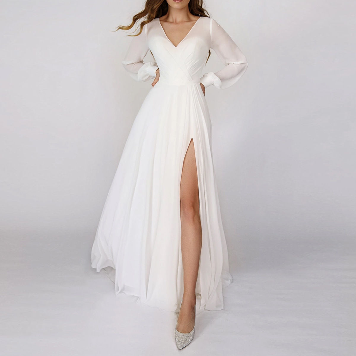 Women's Simple Fluffy Sleeves Wedding Dress Bridal Long A-line Split Beach Brid