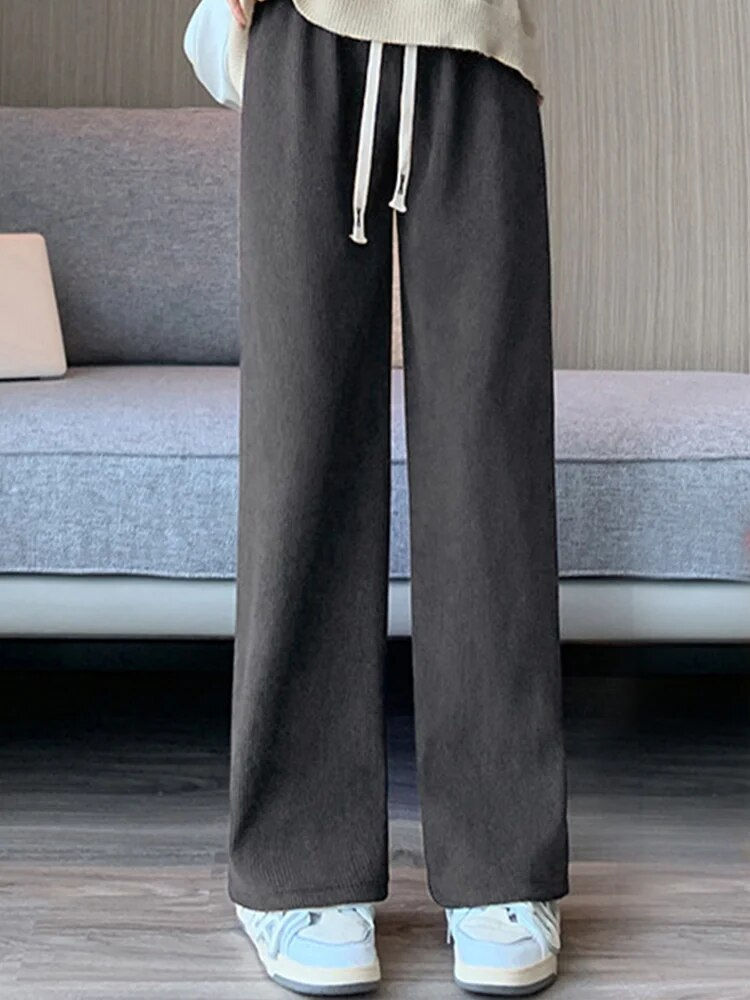 Thumbnail: Women Wide Leg Corduroy Pants Winter Warm Causal Fleece Lined Trousers Fashion