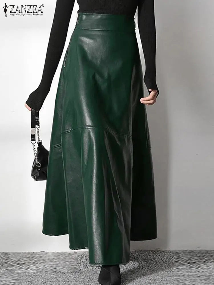 Thumbnail: 2023 Fashion Solid Mujer Faldas ZANZEA PU Leather Maxi Skirts Women's Elegant O