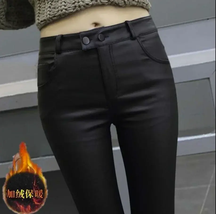 Miniatura: Women Pants Leather Pants Women's High Waist Feet Winter Black Casual Pants Pan