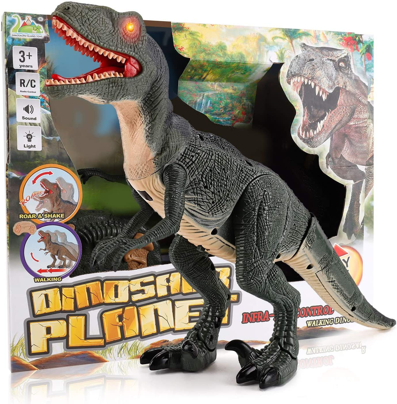 Remote Control R C Walking Dinosaur Toy With Shaking Head,Light Up Eyes & Sound