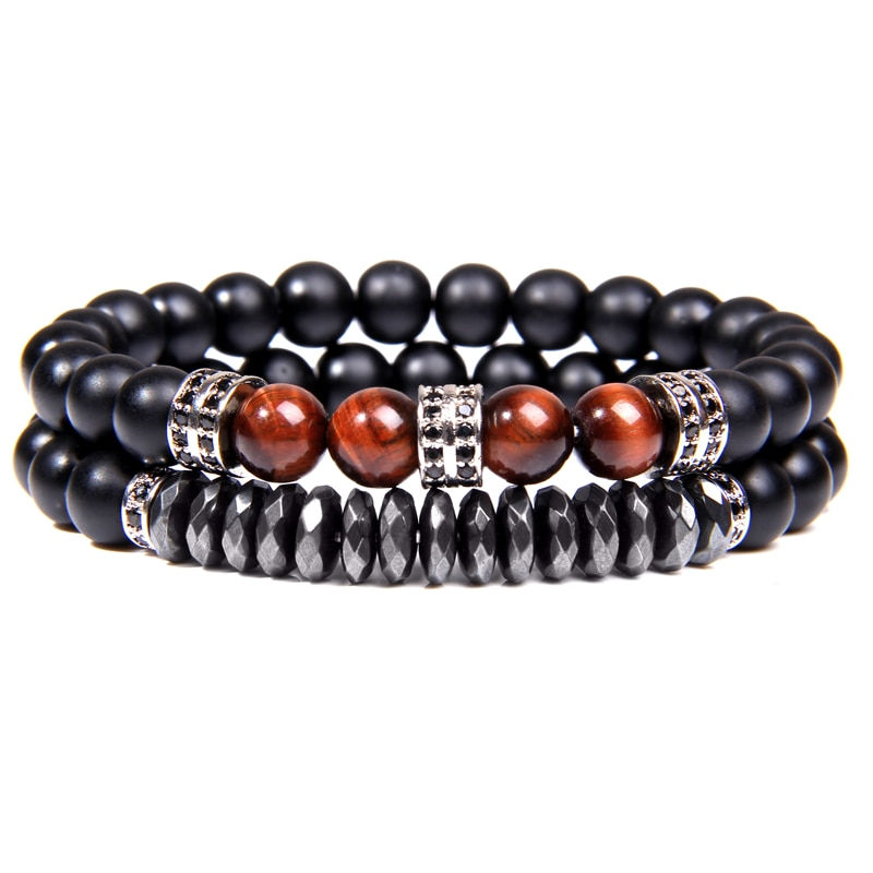 Thumbnail: GolbalJew 2pcs Bead Bracelet Men Natural Tiger Eye Hematite Obsidian Beaded Bra