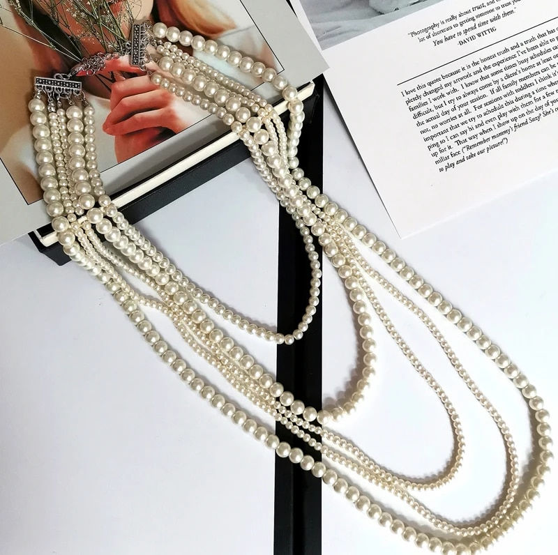 Thumbnail: Korea Fashion 5 layers Long Sweater Chain Necklace for Women Party Pearls  Jewe