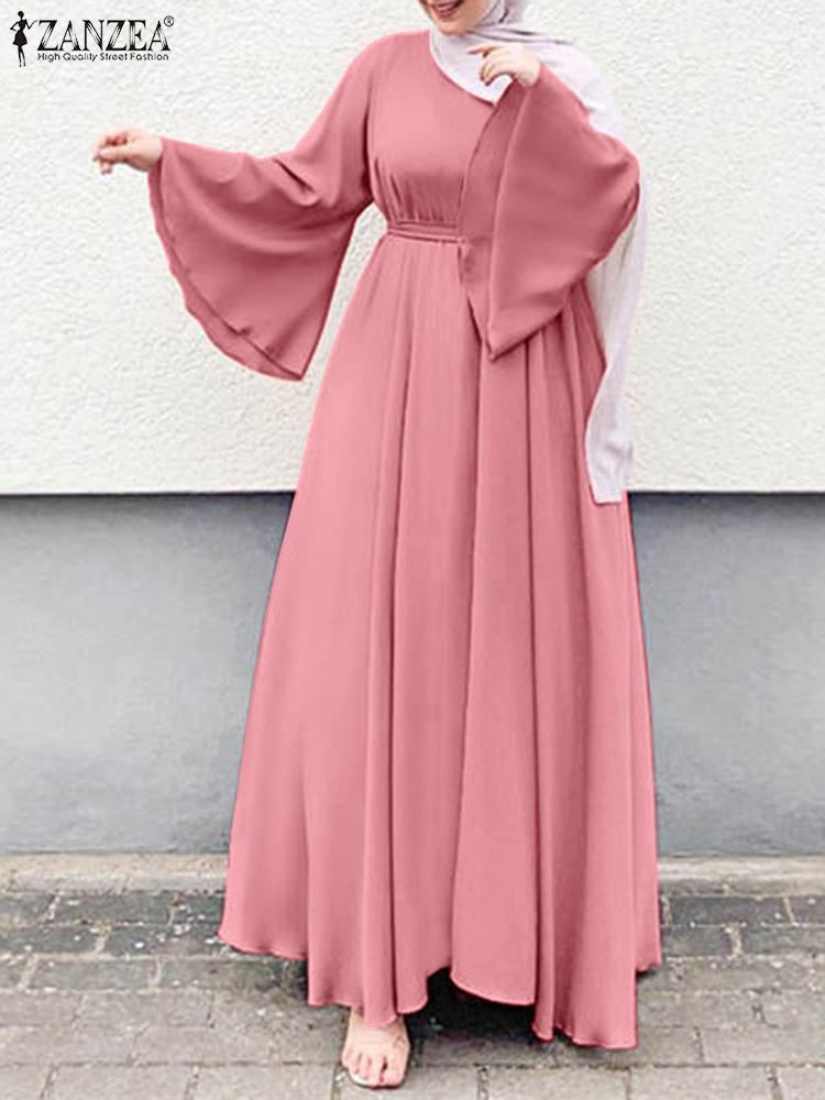 Miniatura: ZANZEA Women Muslim Maxi Dress Solid Color O-Neck Long Sleeve Turkish Abaya Rob