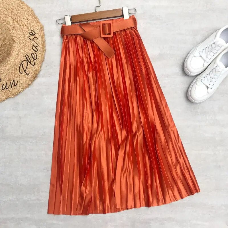 Thumbnail: Seoulish 2023 New Solid Elegant Stain Women's Pleated Skirts with Belted High W