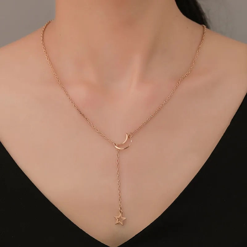 Miniatura: New Simple Moon Star Pendant Choker Necklace Simple Gold Color Alloy Charm Chai