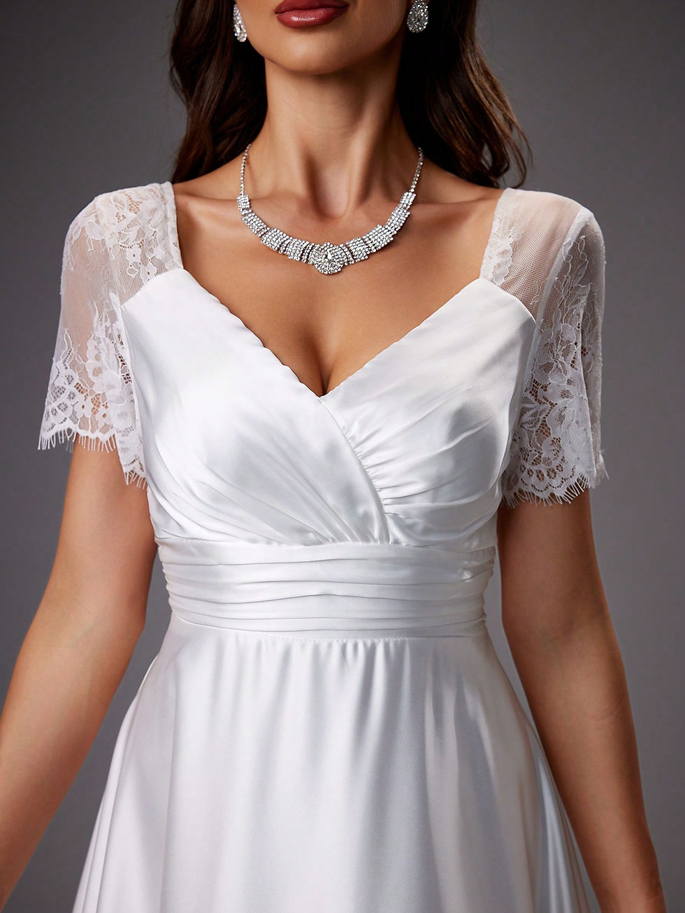 Thumbnail: Lace Patchwork Satin Short Sleeve Wedding Dress