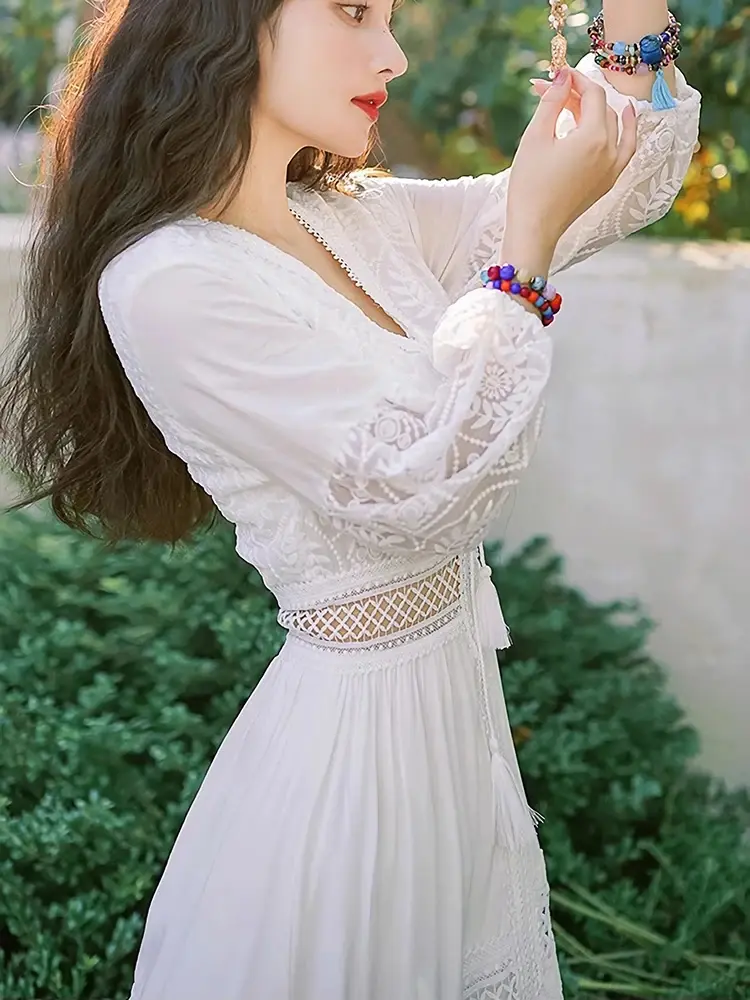 Miniature : Summer Women Long Dress Vintage White Boho Lace Dresses Female Hollow Out Dress