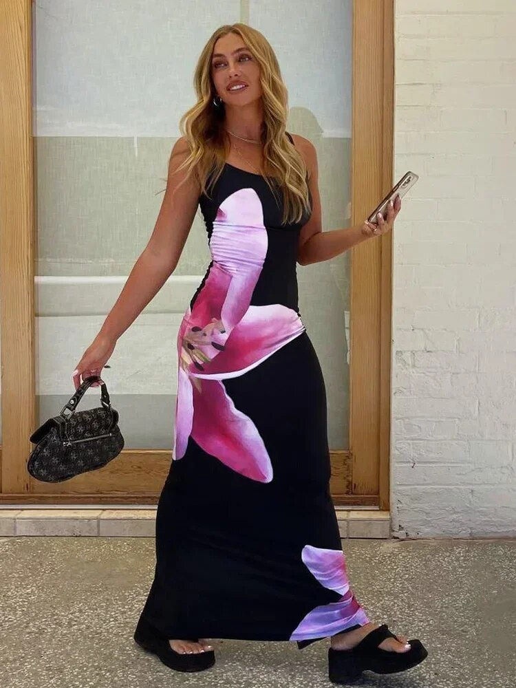 Küçük resim: Tossy Spaghetti Strap Lily Floral Slip Dress Summer Casual Printed Maxi Dresses