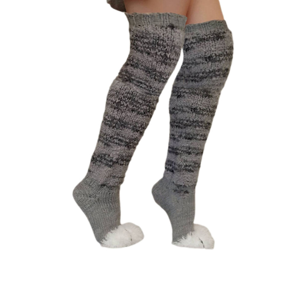 Thumbnail: Knitted Striped Cat's Paw Over The Knee Stockings Pile Style Knitted Socks