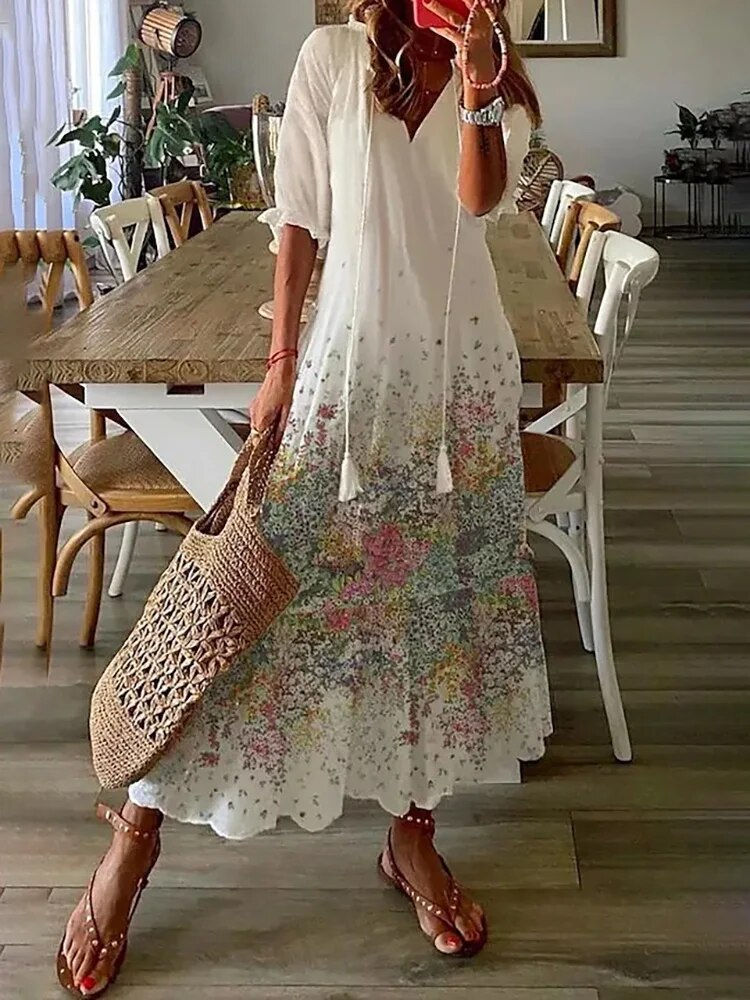 Thumbnail: Women Elegant V Neck Print Long Dress Vintage Harajuku Half Sleeve Bohemian Max