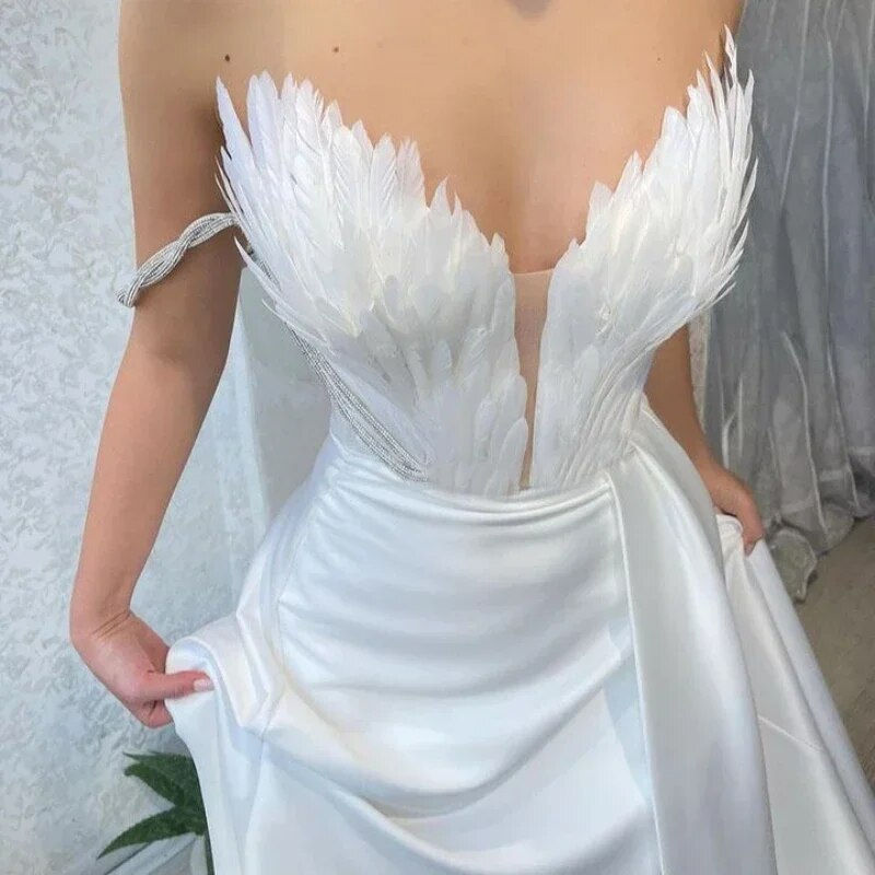 Thumbnail: White Angel Feather Dress Luxury Design Women's Off Shoulder Elegant Long Dress