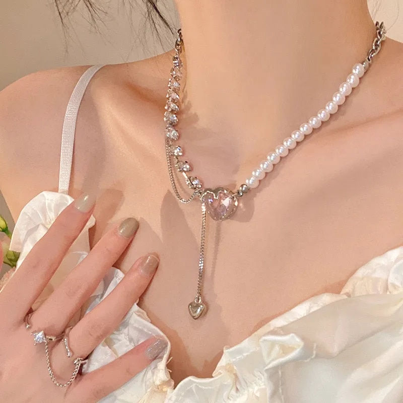 Thumbnail: Fashion Cute Love Heart Shaped Pendant Necklace Pearl Chain Shiny Women 2022 Ae