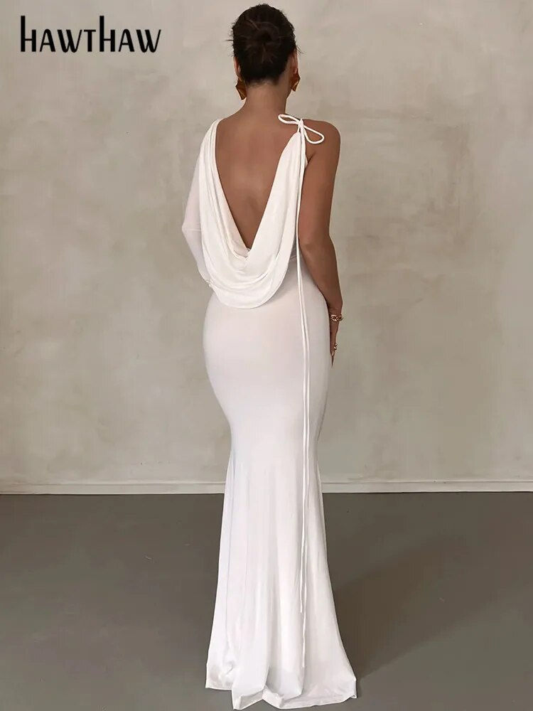 Miniaturebillede: Hawthaw Women Elegant Long Sleeve Party Club Evening Bodycon White Long Dress 2