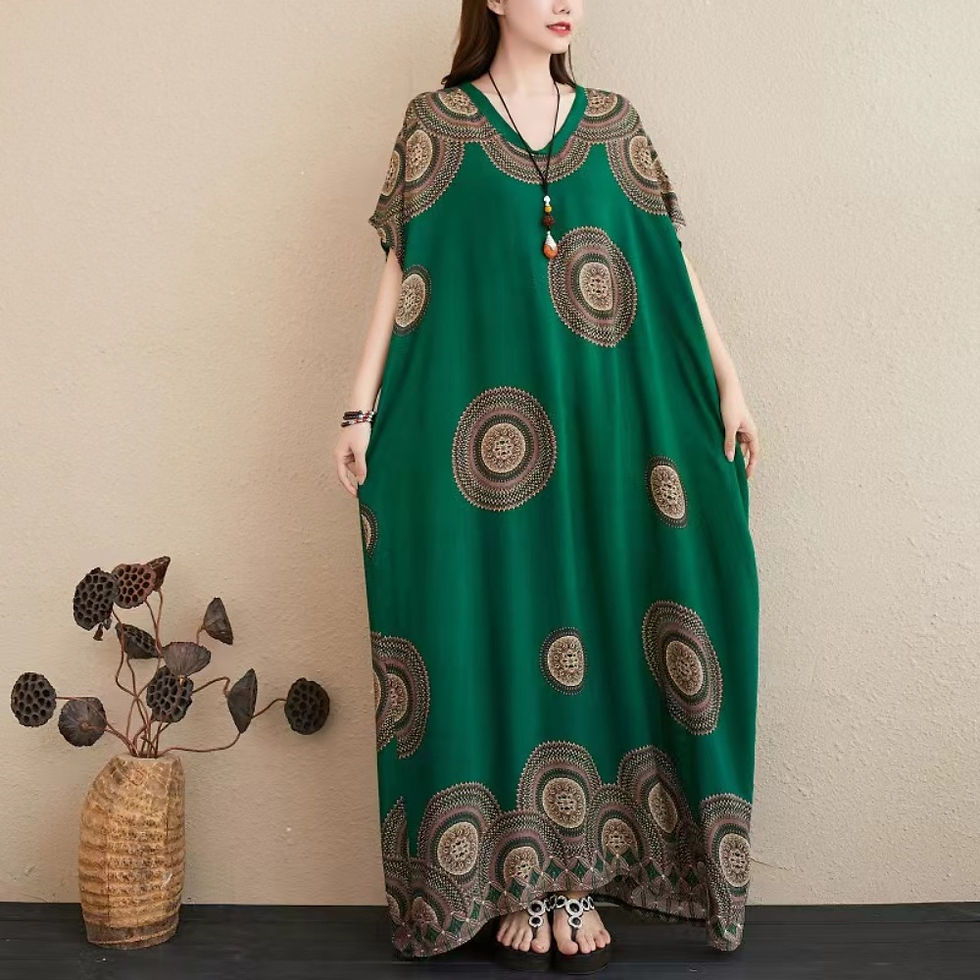 Thumbnail: Batwing Sleeve Straight V-Neck Floral Printed Long Dress  Women Elegant Retro E