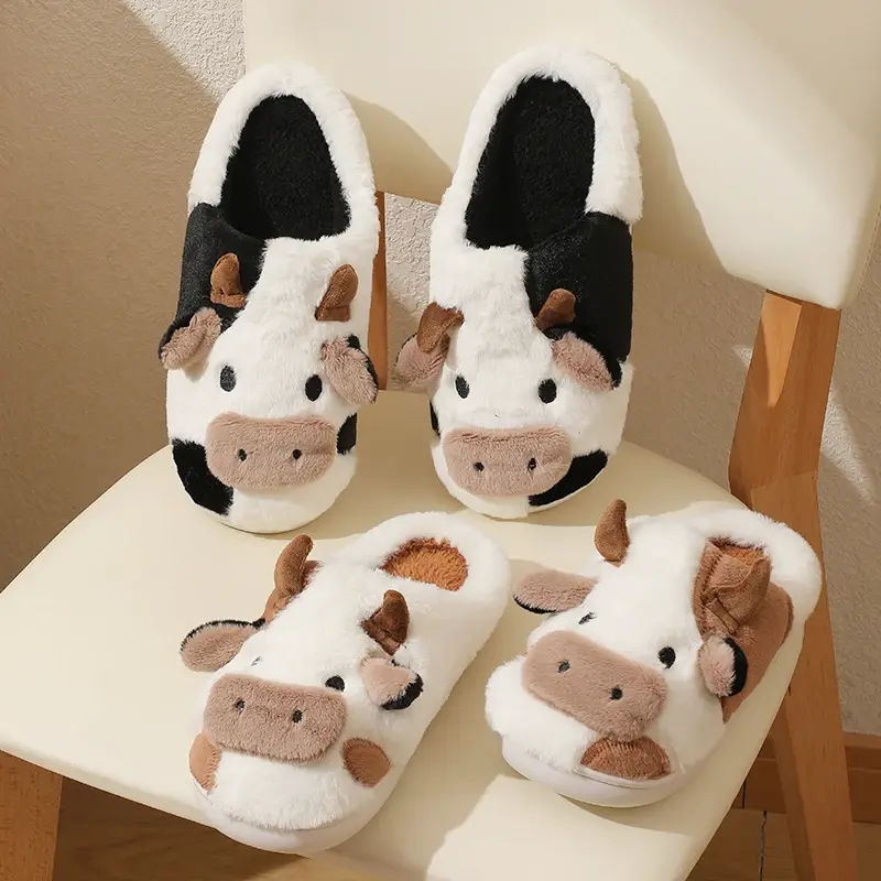 Miniature : New Winter Unisex Cartoon Cow Warm Plush Slippers Couple's Indoor Non-slip Hous