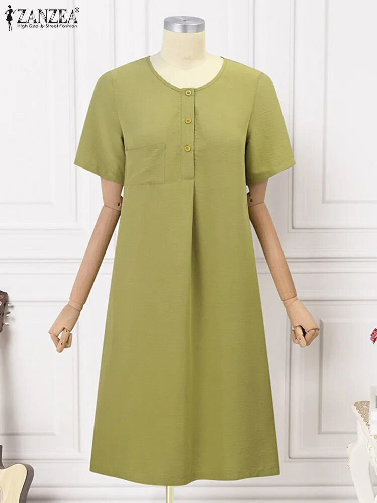 Thumbnail: ZANZEA Women Solid Dress 2024 Summer Short Sleeve Long Robe Holiday Casual Loos