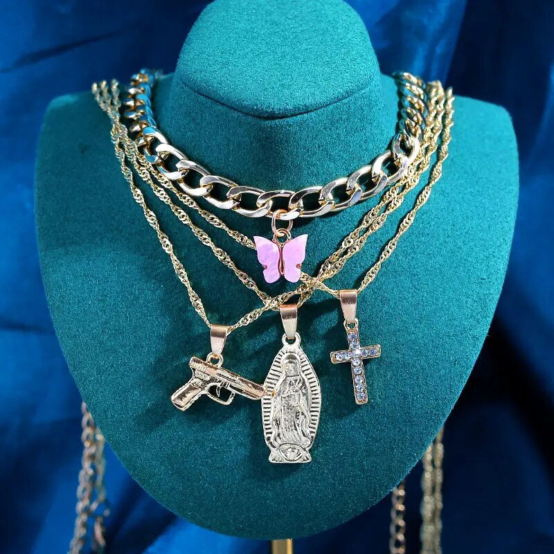 Thumbnail: New Multi Layer Butterfly Dragon Charms Crystal Necklaces For Women Punk Golden