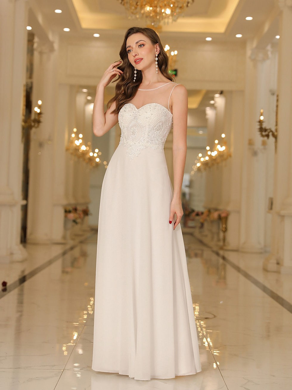 Thumbnail: BABYONLINE Boho Wedding Dress Metallic Lace Appliqué Pearl Stones Bodice Sweeth