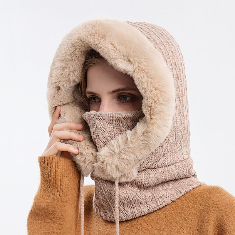 Miniatura: Women Beanie Hat Winter Balaclava Knitted Cap Hooded Face Mask Fluff Keep Warm 